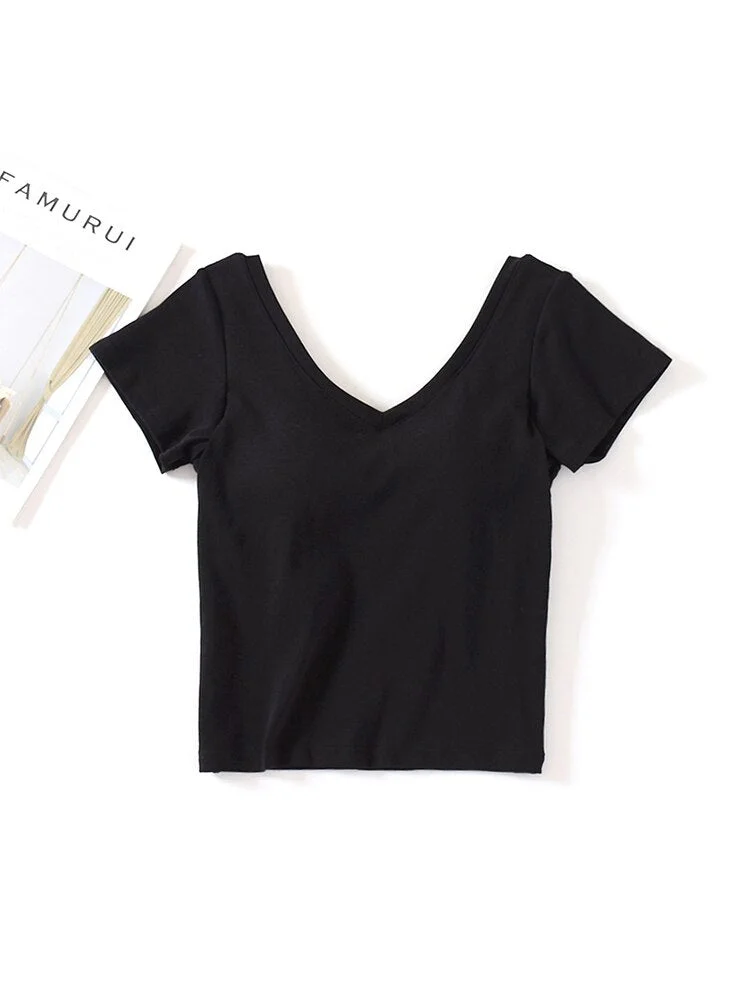 SALAPOR Women Shirts Cotton Short Sleeves with Bra Pads and Cups Home Sports T-Shirt Women V Neck Summer Comfortable Tops Female