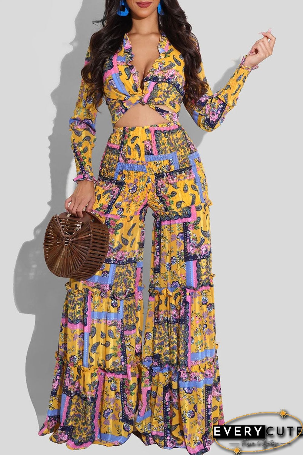 British Style Print Bandage Split Joint V Neck Long Sleeve Two Pieces