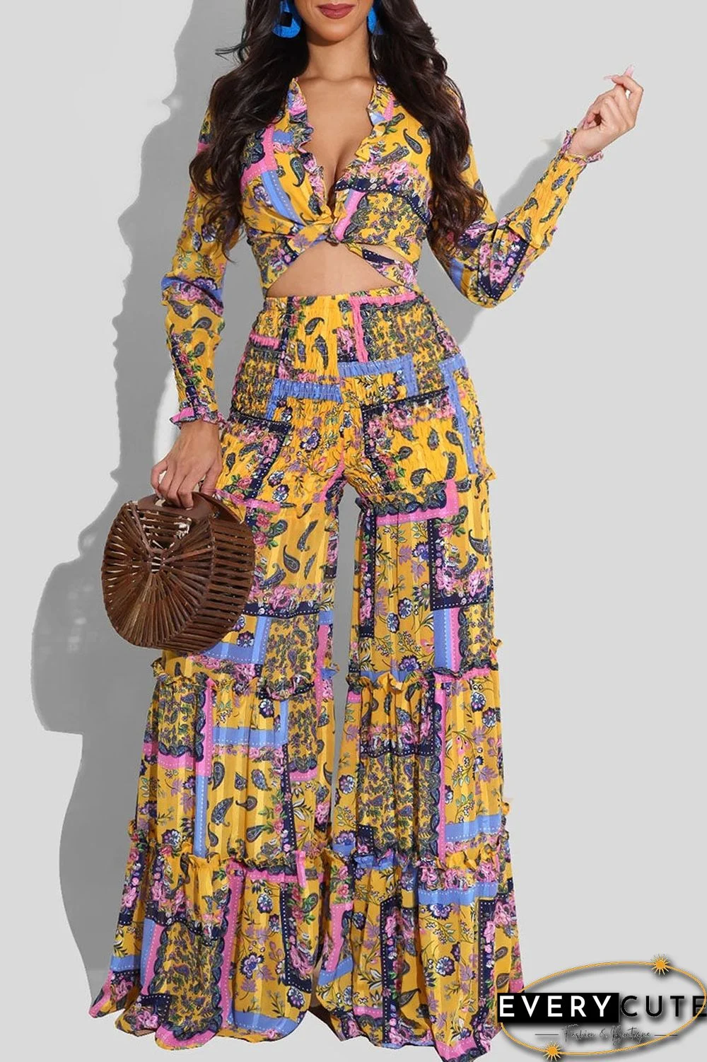 British Style Print Bandage Split Joint V Neck Long Sleeve Two Pieces