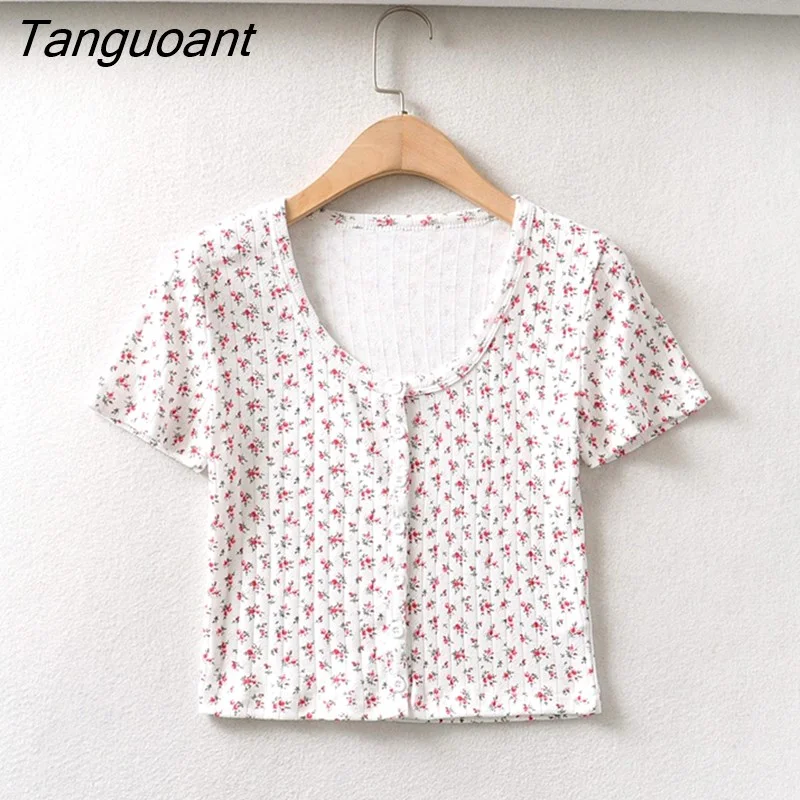 Tanguoant 70s Vintage O neck Floral Short Sleeve Tee Base T-shirts Summer Girl Single-breasted Button Short T-shirt crop top