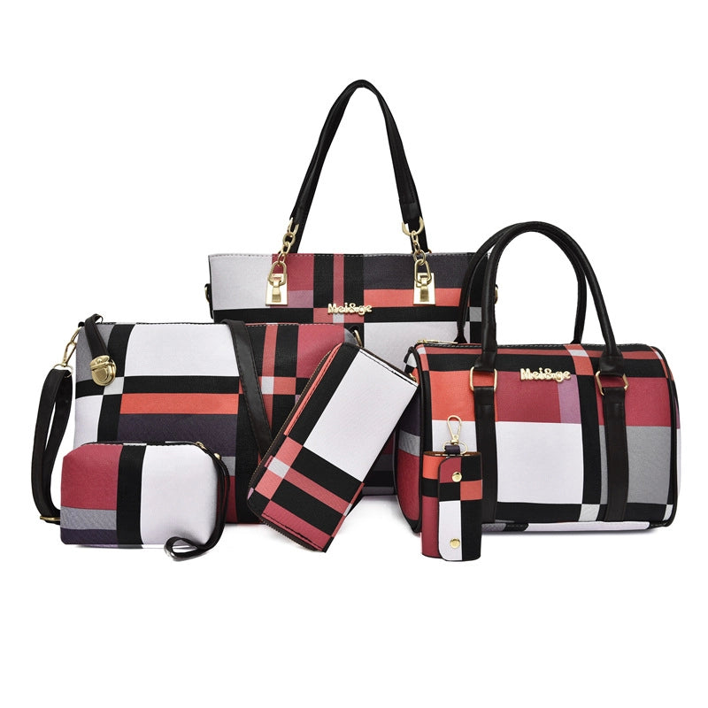 Women's Large All Seasons Pu Leather Plaid Fashion Bucket Zipper Bag Sets