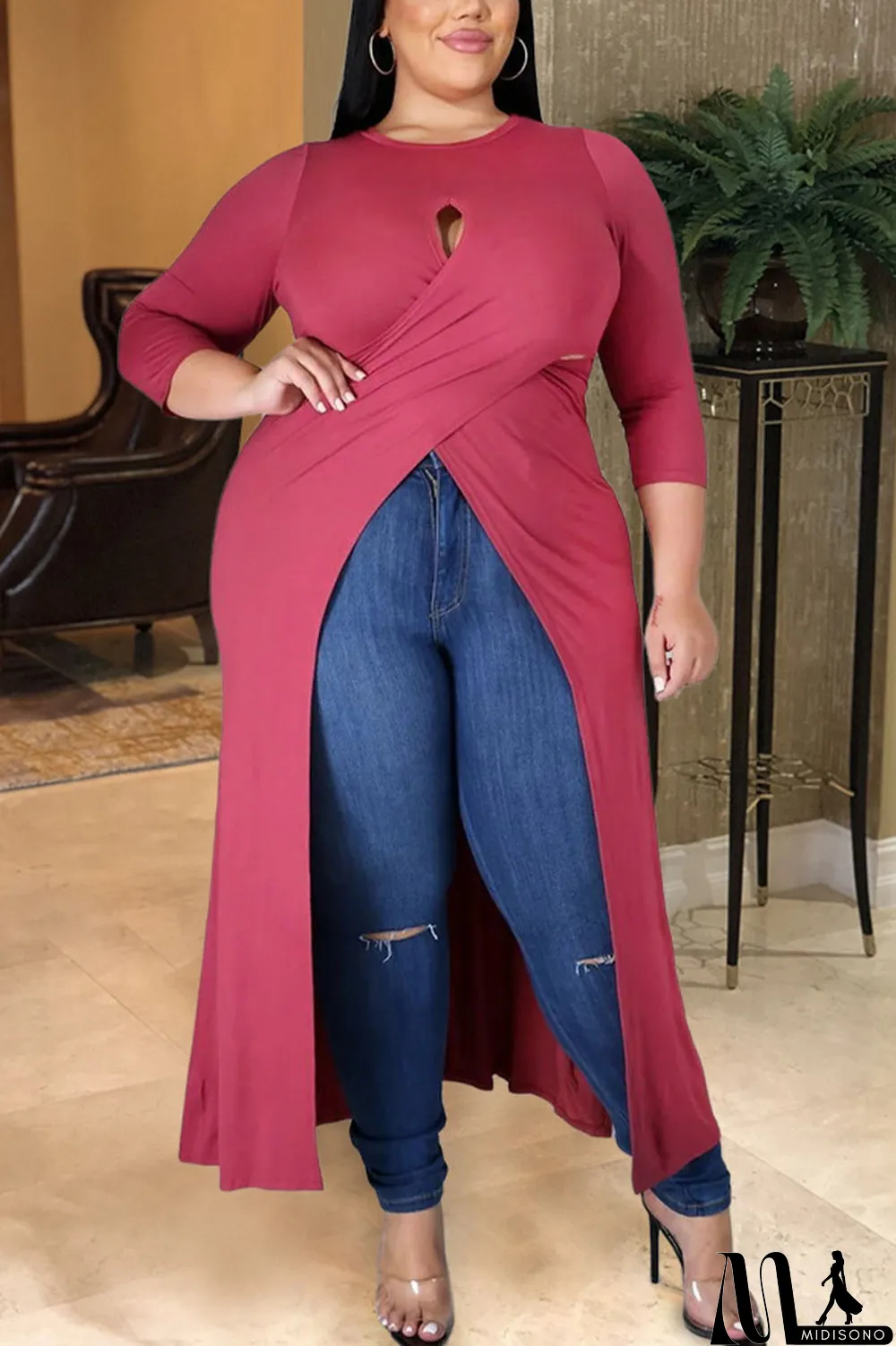 MidiSono - Army Green Sexy Solid Hollowed Out Slit O Neck Plus Size