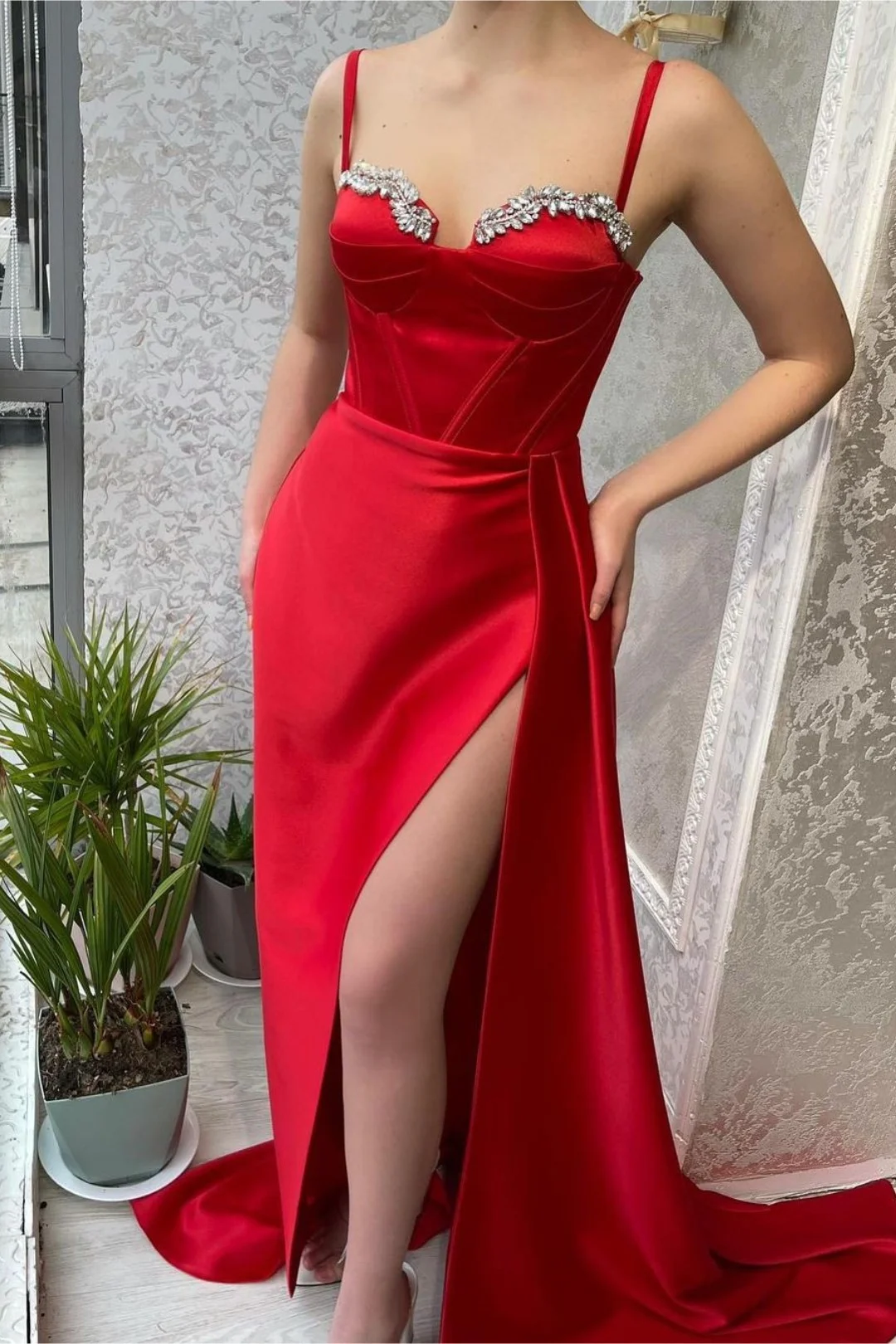 Red Prom Dress Spaghetti Strap Gown With Beading High Slit Charmeuse YL0147