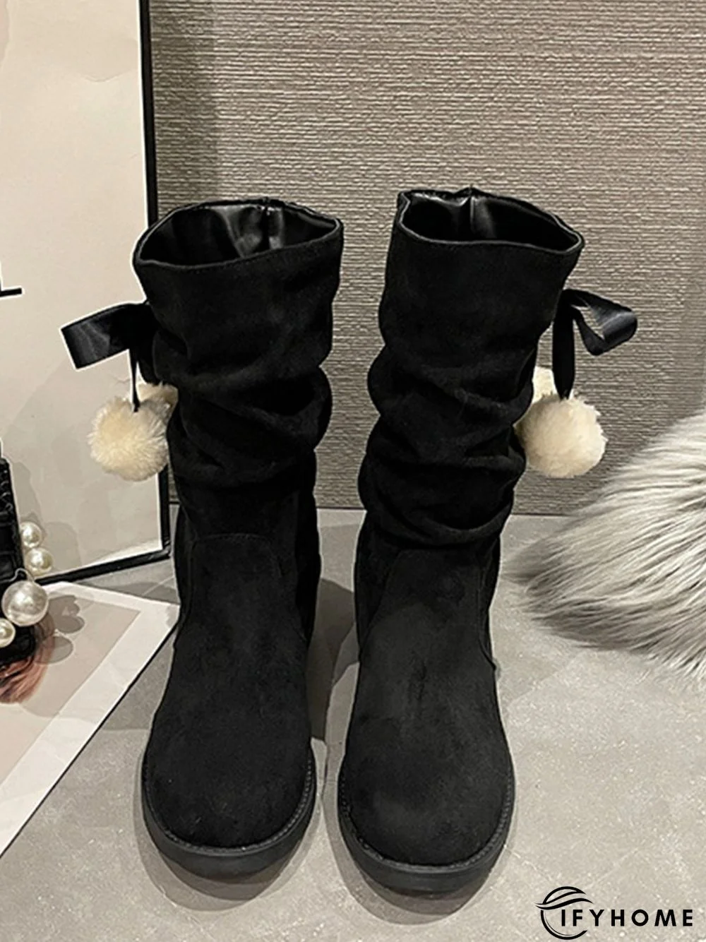Christmas Pompom Decor Faux Suede Slouchy Boots | IFYHOME