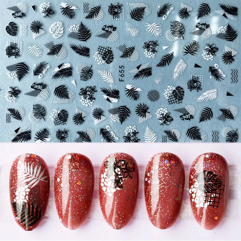 1 Sheet iridescent Nail Sticker Black leave 3D Transfer Beautiful Nail Decals Decoration Summer Popupar DIY Nail Design