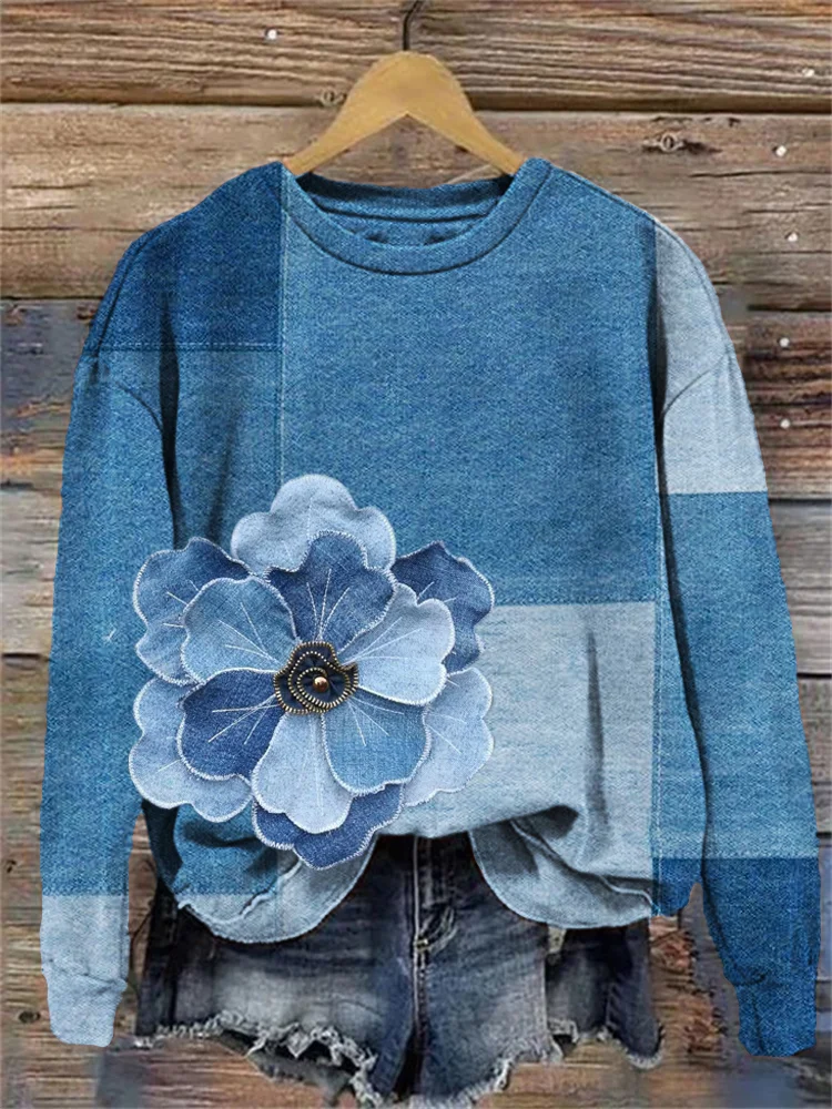 VChics Western Denim Floral Pattern Cozy Sweatshirt