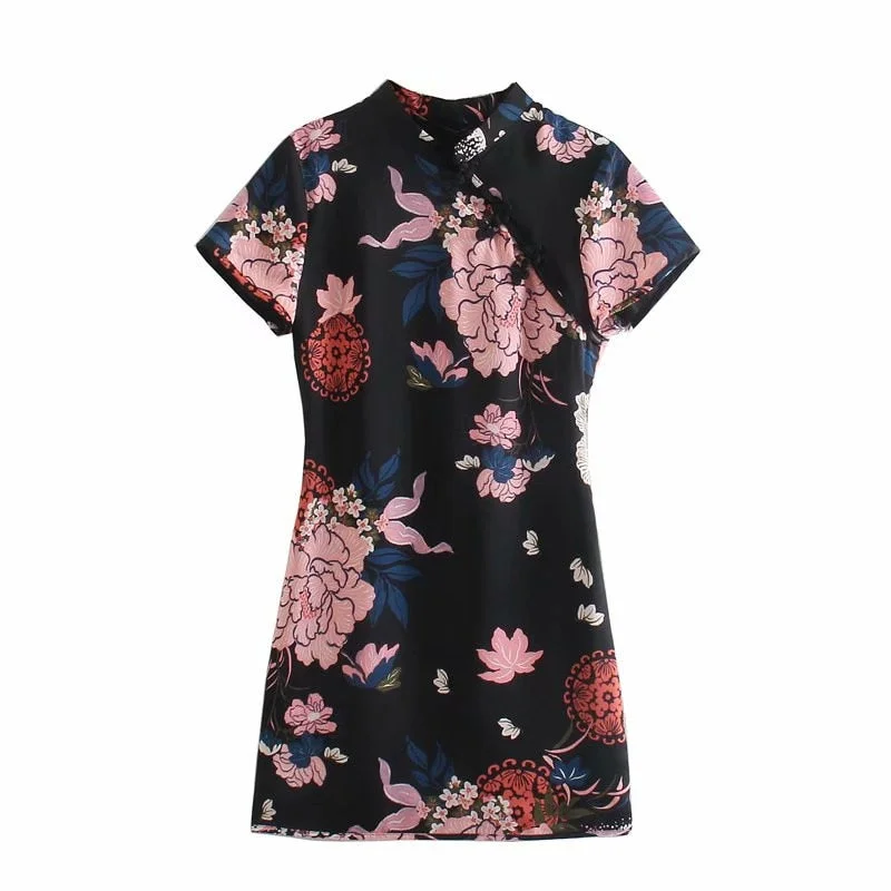 Za 2021 Black Print Vintage Mini Dress Women Chinese Style Short Sleeve Summer Dress Female Chic Toggle Closure Slim Dresses