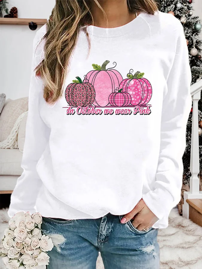 Women's In October We Wear Pink Pumpkin Print Casual Sweatshirt socialshop