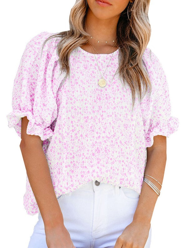 Short Sleeve Crew Neck Printed Puff Sleeve Pullover Shirt