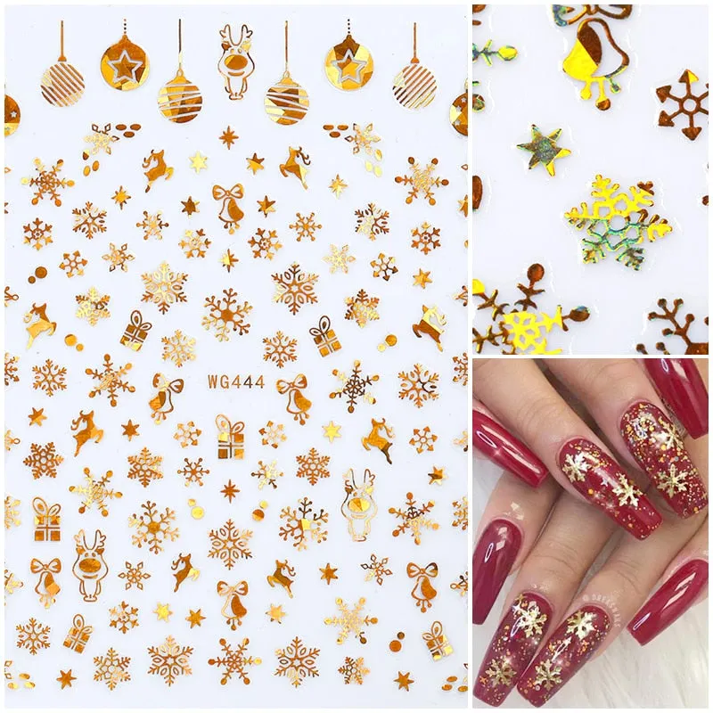 3D Bronzing Christmas Nail Art Decoration Stickers Sparkly Gold Sliver Design Glitter Geometry Snowflake Winter Slider Nail Foil