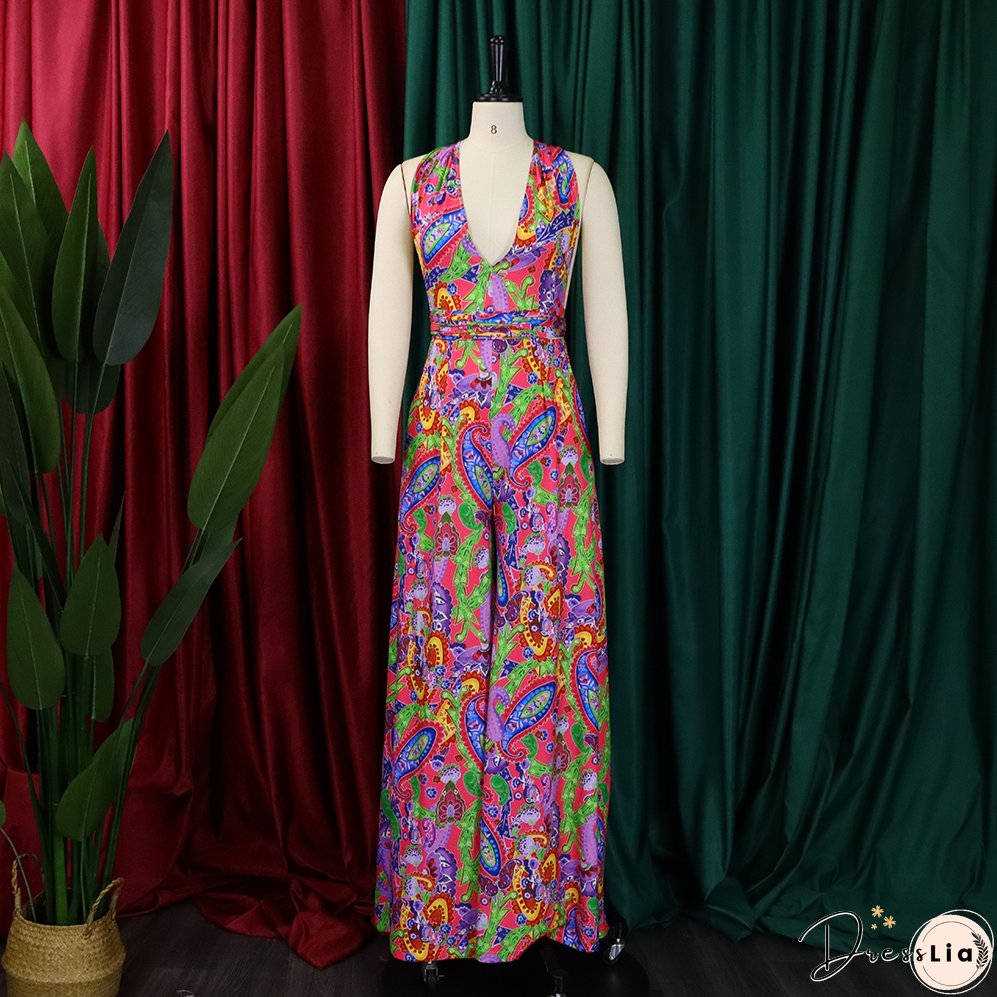Plus Size Women African Print Halter Neck Beach Jumpsuit
