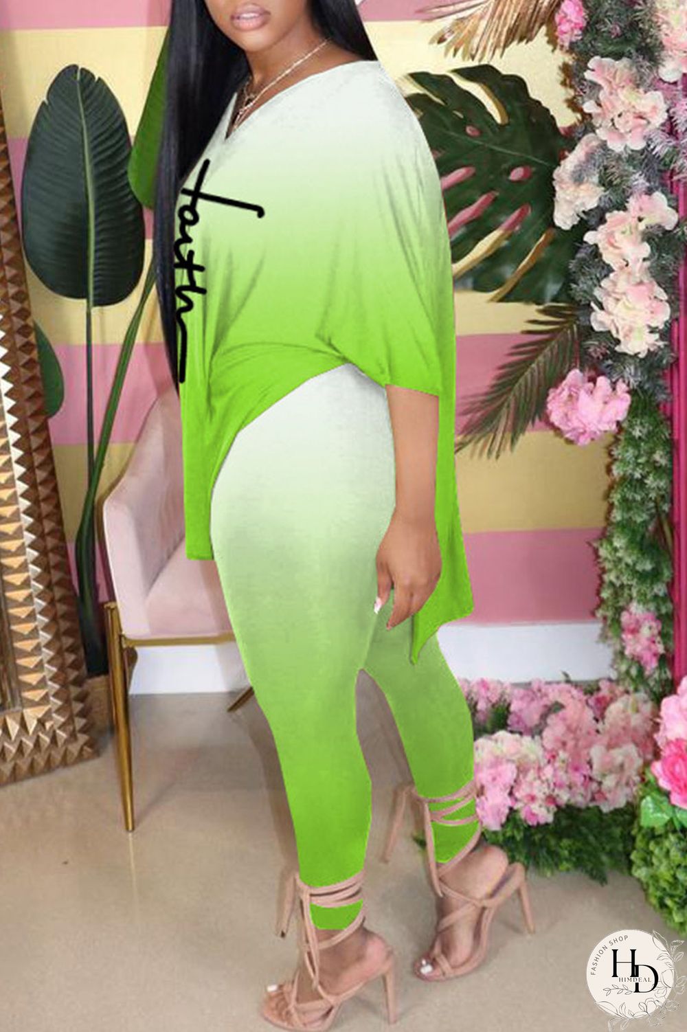 Blue Casual Gradual Change Print Patchwork Slit V Neck Half Sleeve Two Pieces