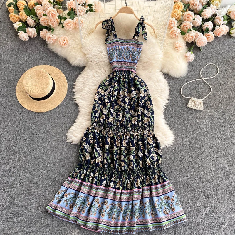 Croysier Dresses For Women 2021 Vacation Bohemian Summer Beach Dress Sexy Strap Tie Shirred Vintage Floral Print Boho Dress