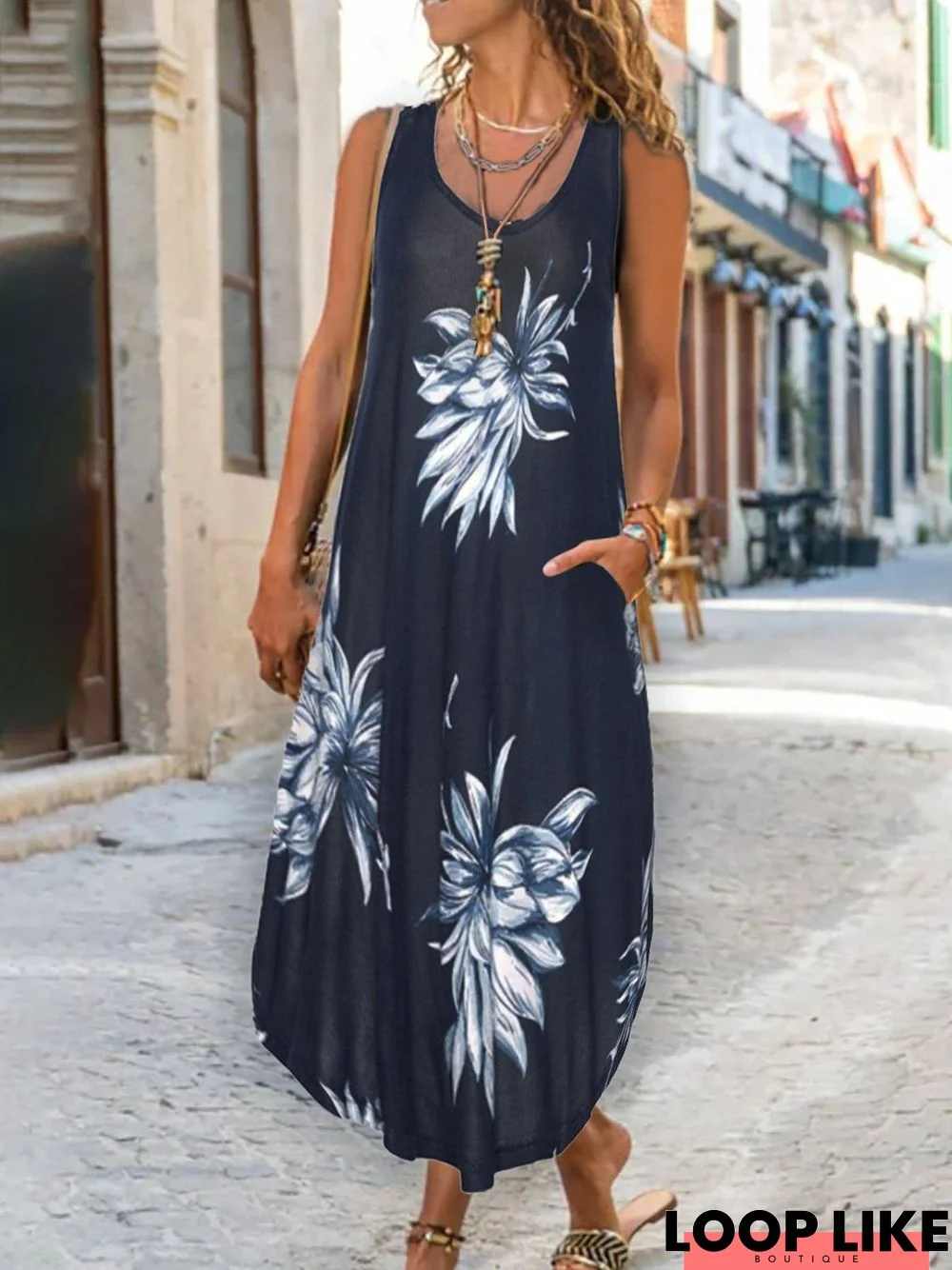 Vacation Floral Printed Crew Neck Loosen Long Short sleeve Knit Dress