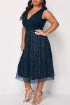 Plus Size Plain V Neck Mesh Sleeveless Elegant  A Line Midi Dress