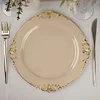 10 Pack | 10" Round Plastic Dinner Plates in Vintage Taupe, Gold Leaf Embossed Baroque Disposable Plates