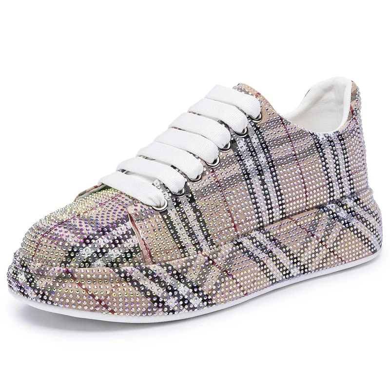AIYUQI Women's Sneakers Shoes Big Size New Rhinestone Lace-up Women Loafers Fashion Glittering Student Shoes Women