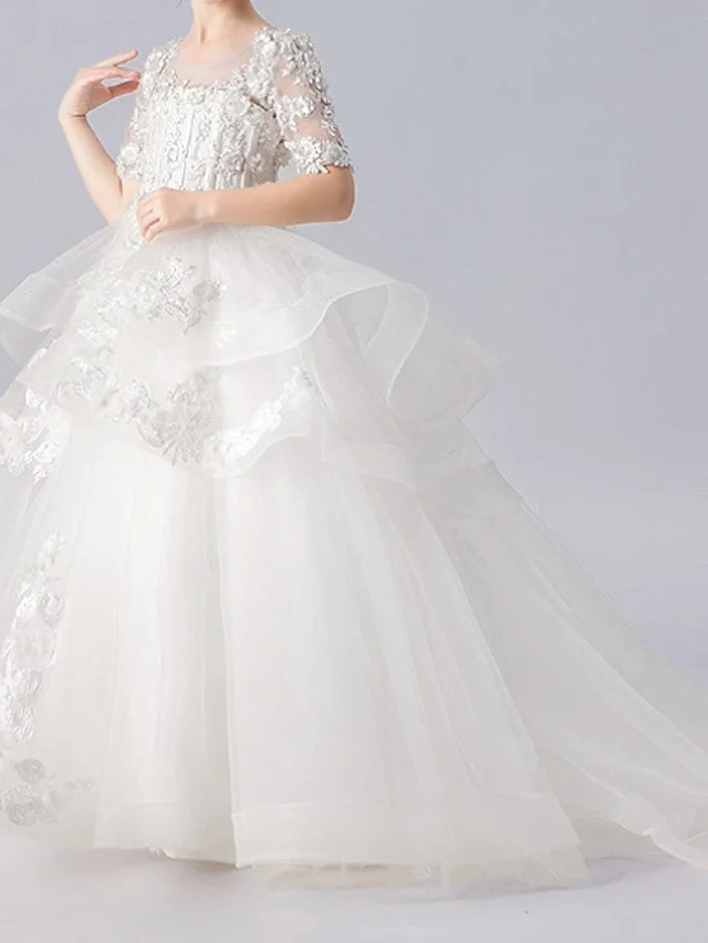 Daisda Ball Gown Half Sleeve Jewel Neck Flower Girl Dresses  Polyester  With Appliques Tiered