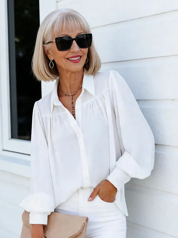 Button-down Top Pleated Lantern Sleeve Solid Color Loose Shirt Long Sleeve Women's Clothing