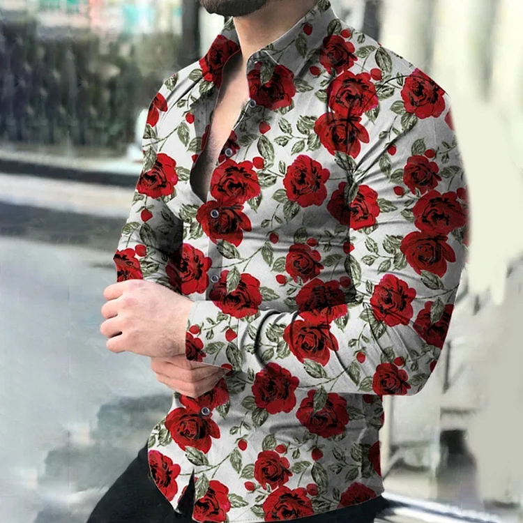 Men's Fashion Rose Print Button Shirt