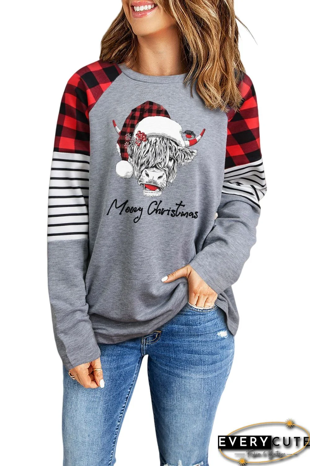 Gray Mooey Christmas Cow Print Plaid Striped Graphic Pullover