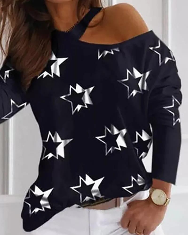 Star Print Cold Shoulder Casual T-shirt P15476