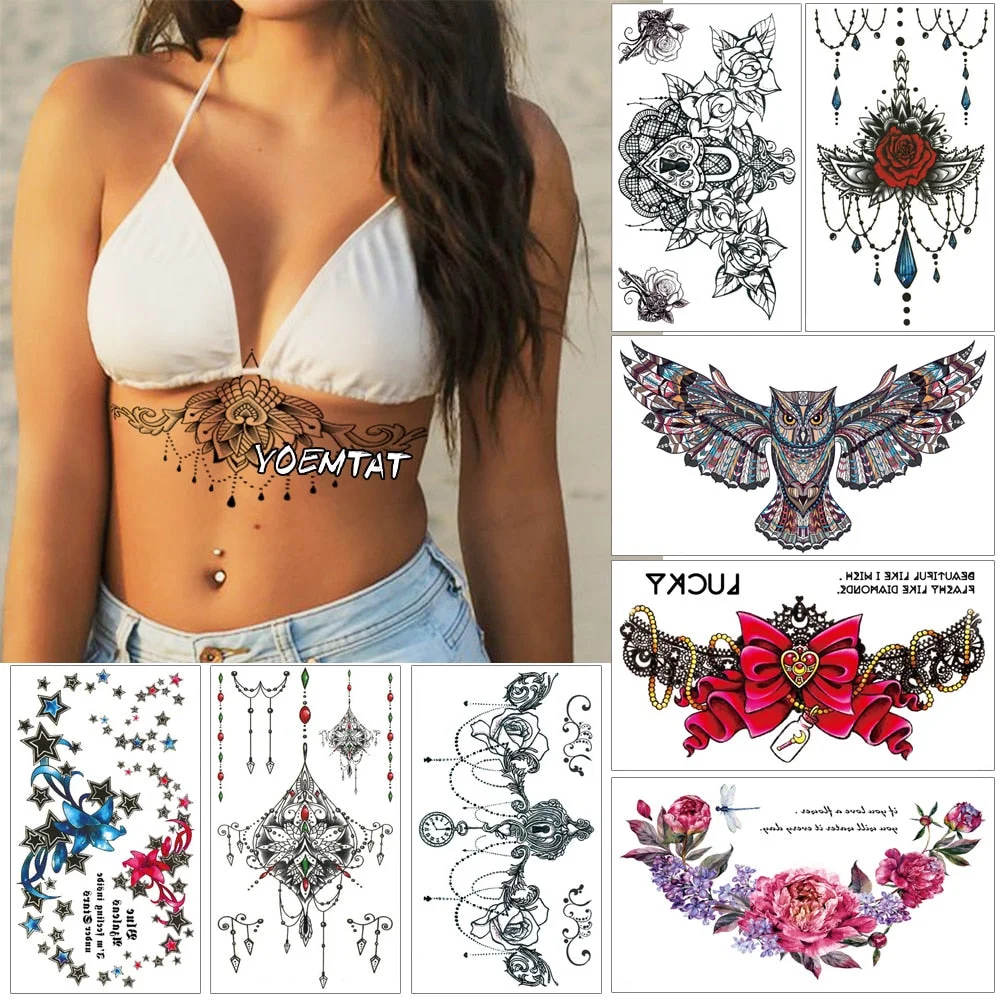 20 Designs 1 Sheet Chest Body Tattoo Temporary Waterproof Jewelry Lace Decal Waist Art Tattoo Sticker for Women