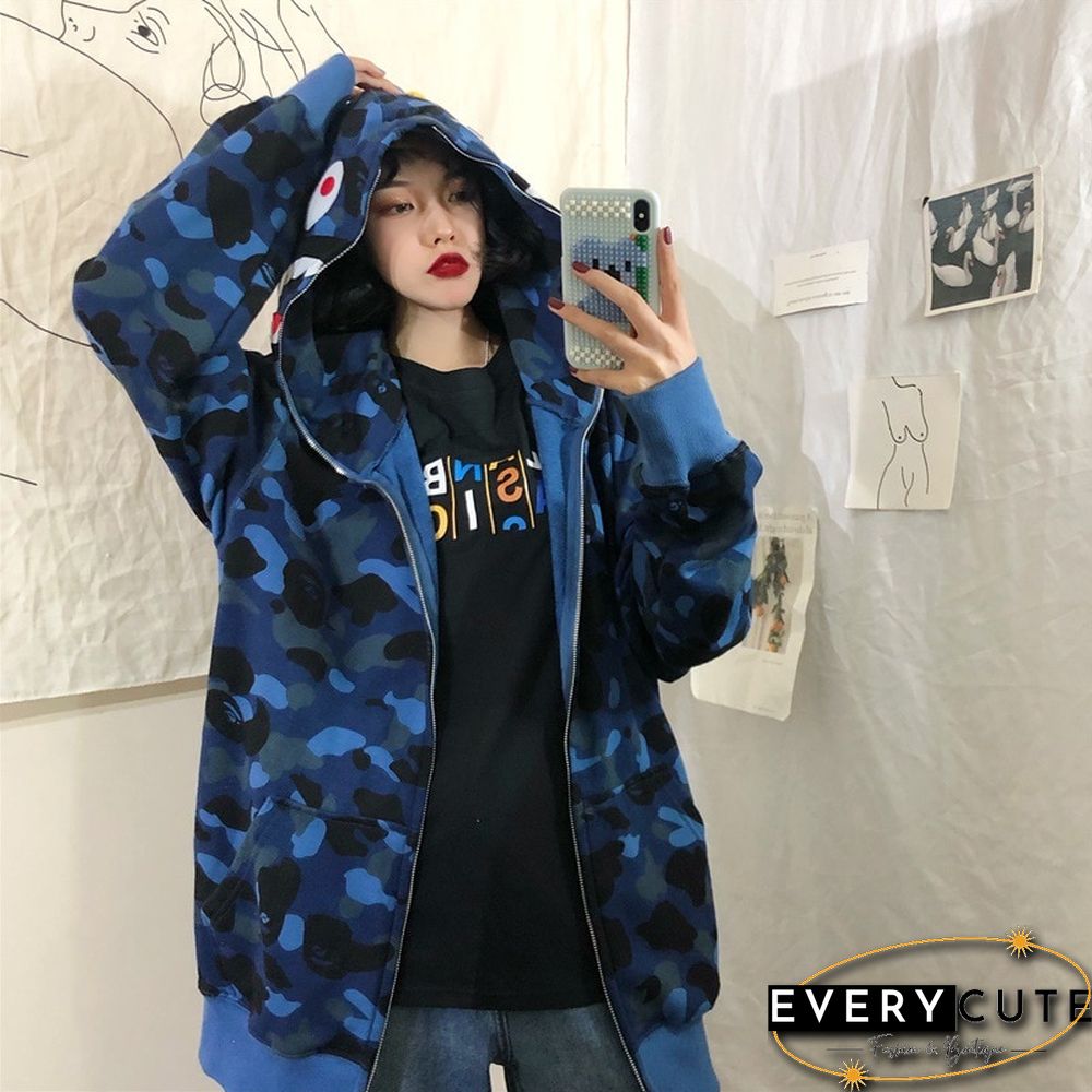 Autumn & Winter New Fashion Brand Camouflage Shark Head Couple Loose Hooded Coat Sweater