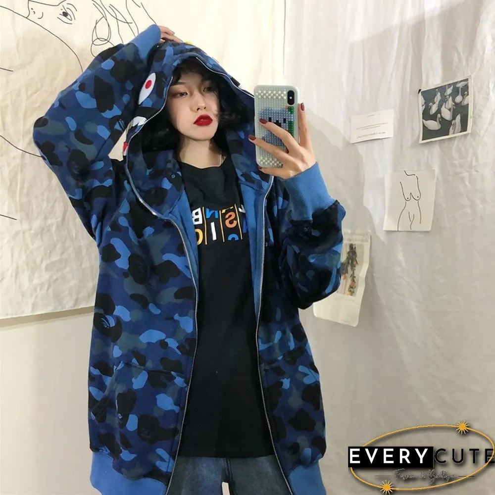 Autumn & Winter New Fashion Brand Camouflage Shark Head Couple Loose Hooded Coat Sweater