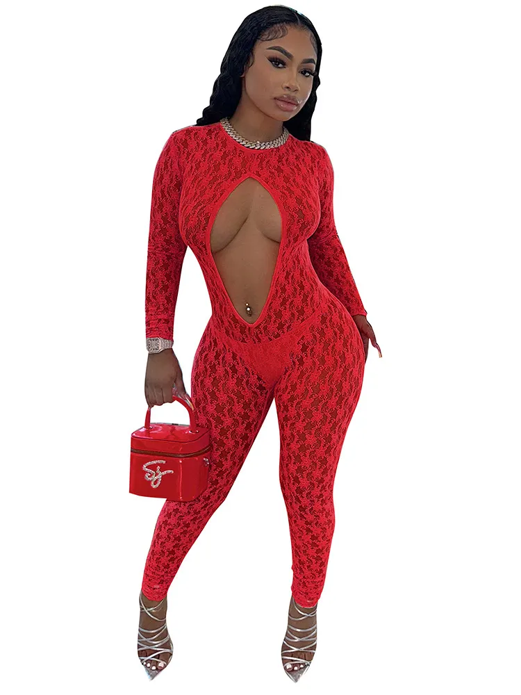 Brownm Brownm Has D24JP319 Fashion New Umbilion Hollow Sexy Hot Lace Perspective Jumpsuit