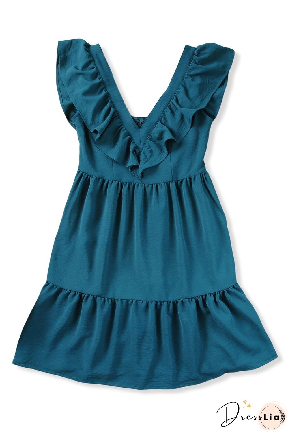 Blue V-Neck Tiered Ruffle Mini Dress with Smocked Back