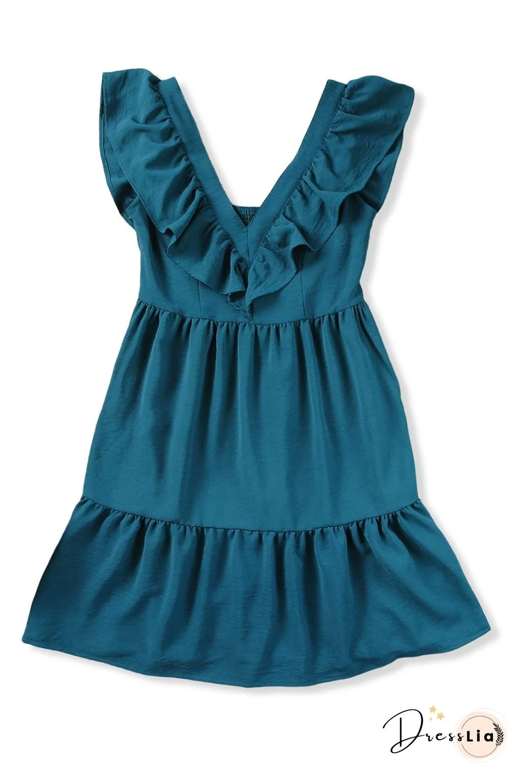Blue V-Neck Tiered Ruffle Mini Dress with Smocked Back
