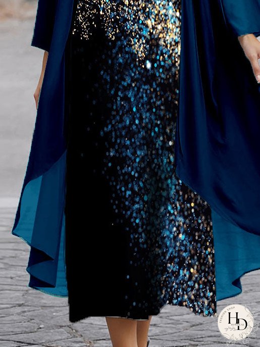 Women's Long Sleeve V-neck Graphic Printed Two Pieces Maxi Dress