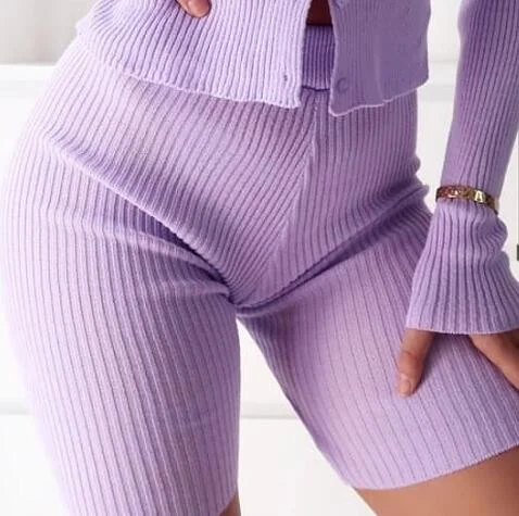 Knitted Sweater Two Piece Set Women Long Sleeve Buttons Top High Waist Shorts 2pcs Outfits Lady Slim Matching Fall Clothes Sets