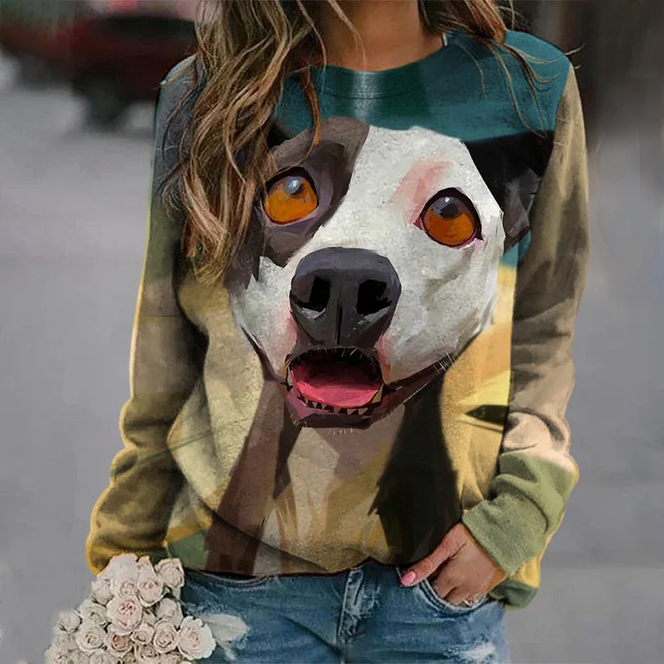 Vefave Dog Print Crew Neck Loose Sweatshirt