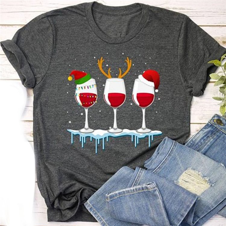 Female Xmas T Shirt Funny Christmas Wine Glass Santa Claws Printed Loose T Shirt Short Sleeve Cute Tees Female Graphic Tops