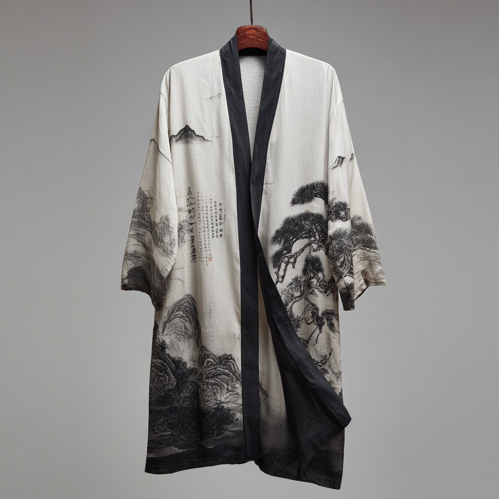 Men's Retro Landscape Painting Art Linen Long Kimono  artssus