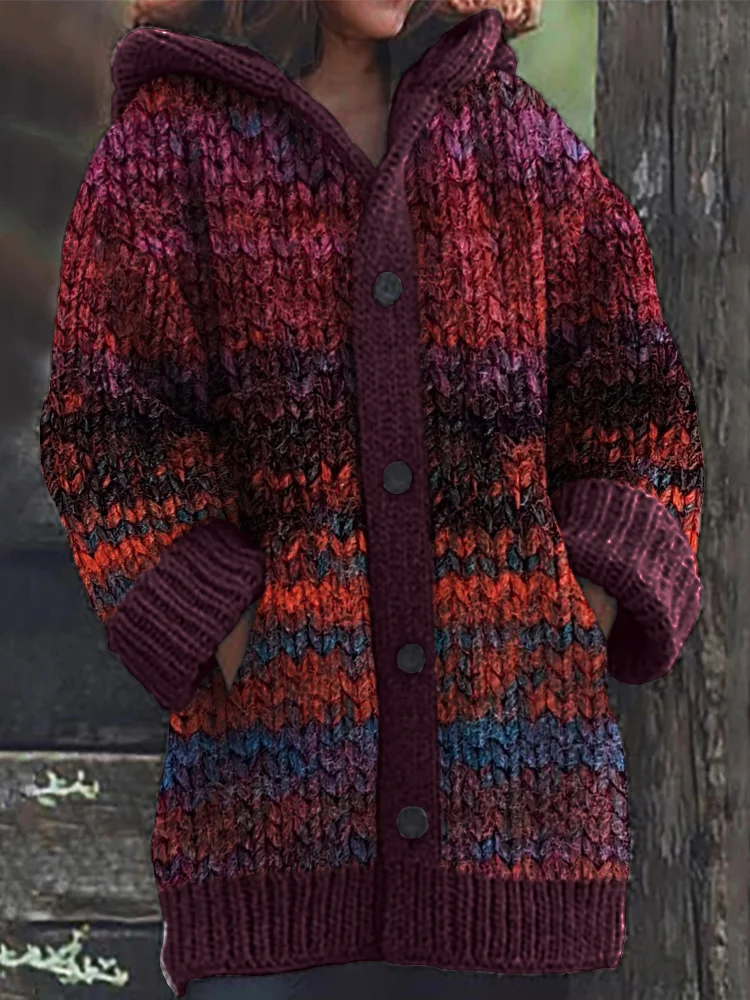 Vintage Colorful Chunky Knit Cozy Hooded Cardigan