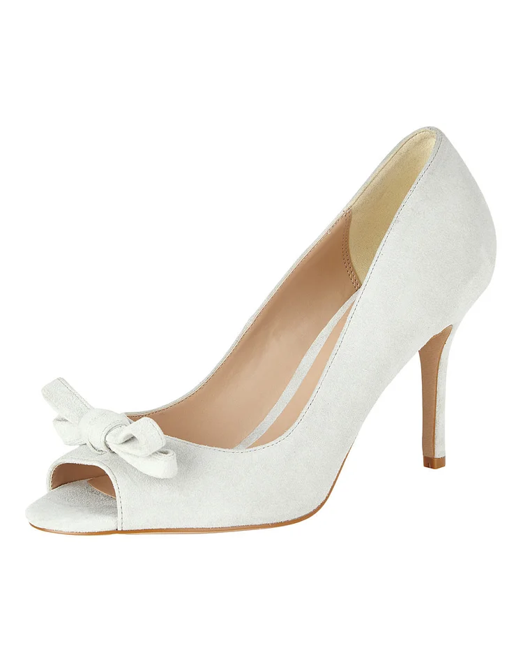 Women's White Vegan Suede Peep Toe Heels Vintage Bow Pumps |FSJ Shoes