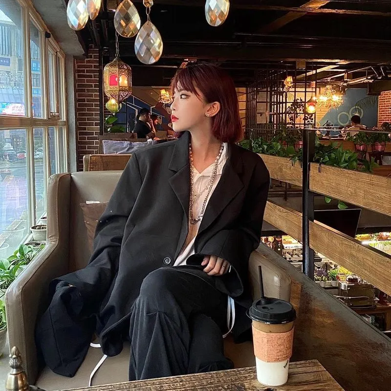 2021 spring autumn black gray suit suit Korean niche slit coat + white T-shirt + wide-leg casual pants women's three-piece suits