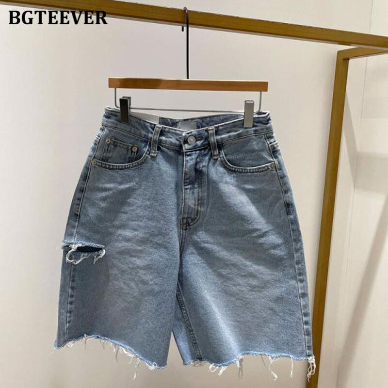 BGTEEVER Spring Summer Loose Ripped Holes Ladies Wide Leg Jeans Shorts High Waist Pockets Straight Women Denim Shorts 2022