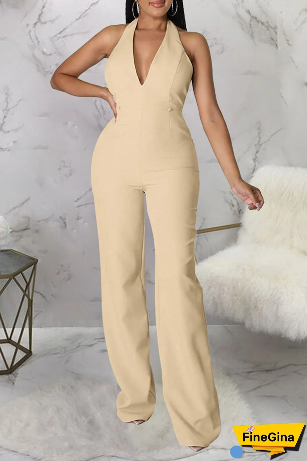 Apricot Sexy Solid Patchwork Backless V Neck Straight Jumpsuits