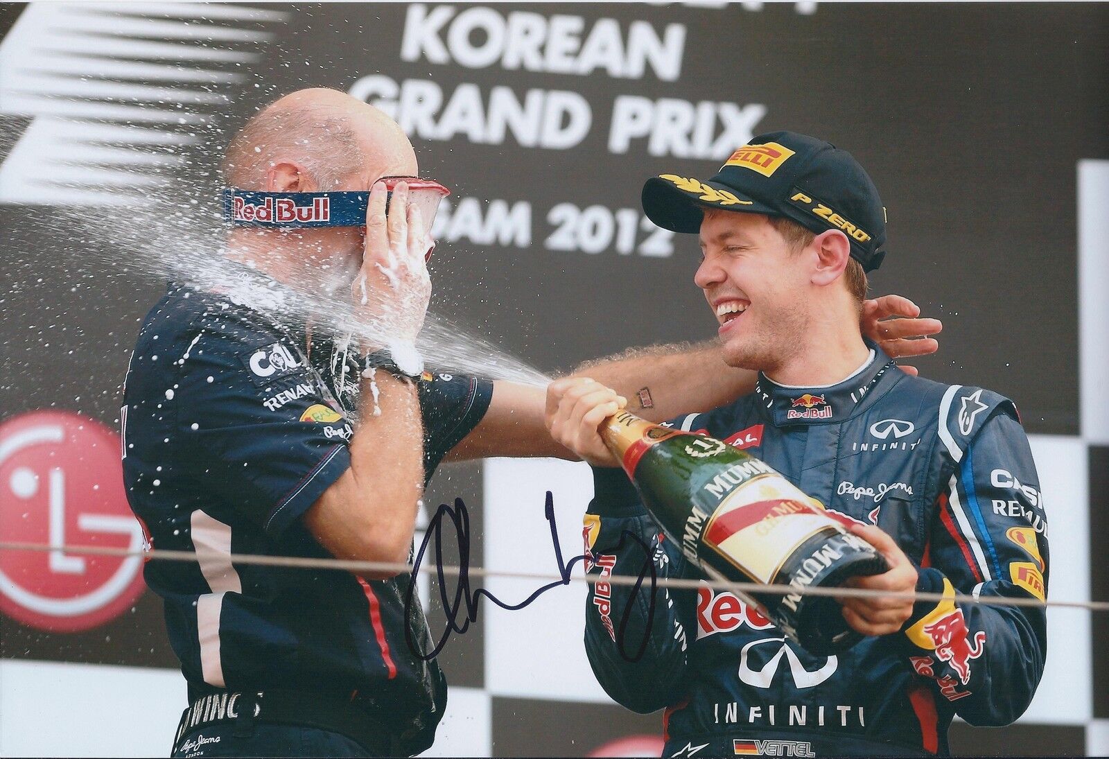 Adrian NEWEY SIGNED Champagne Spray PODIUM WIN 12x8 Photo Poster painting AFTAL Autograph COA