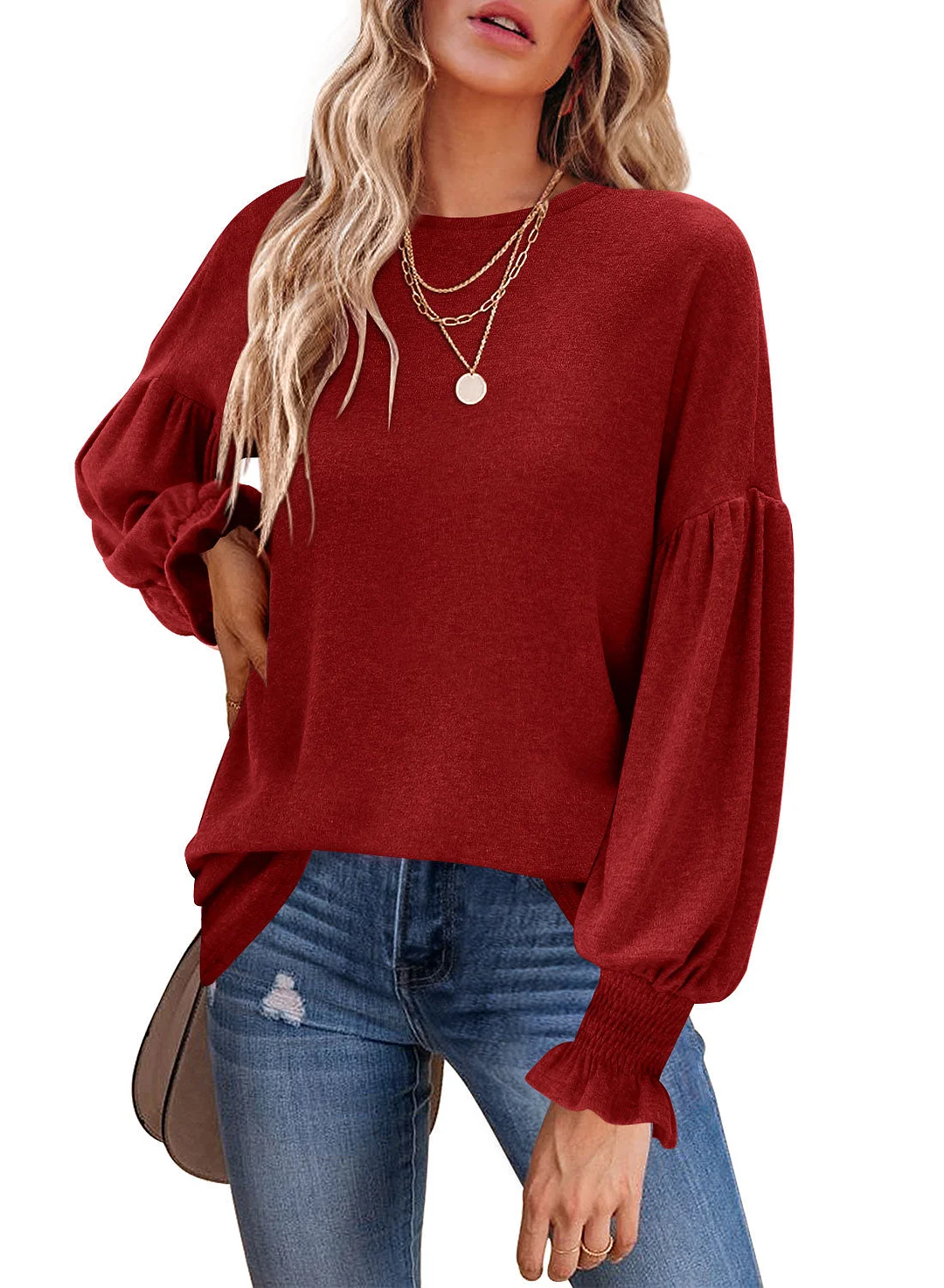 MIHOLL Womens Long Sleeve Top Crew Neck Ruffle Lantern Sleeve Casual Loose Blouse T Shirts