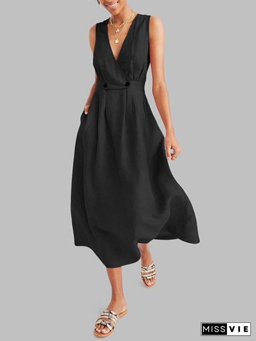 Sexy Elegant V Neck Solid Color Sleeveless Dress