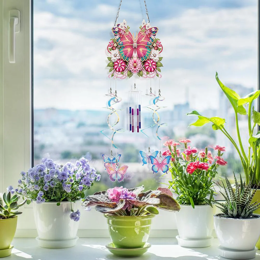 DIY Flower Butterfly Double Sided Diamond Painting Wind Chime for Window Decor