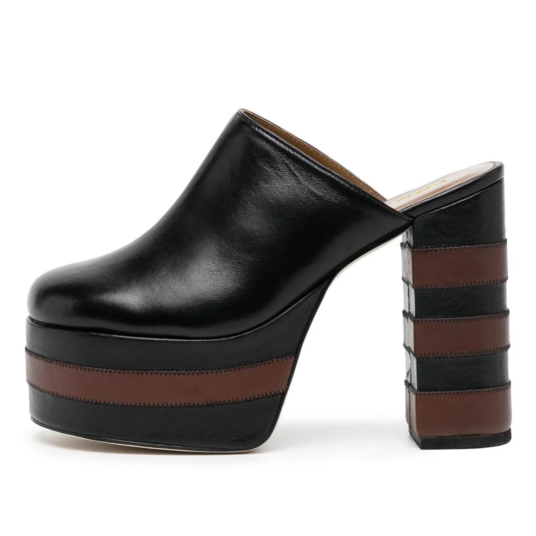 Casual Black Round Toe Platform High Heel Womens Mules Shoes