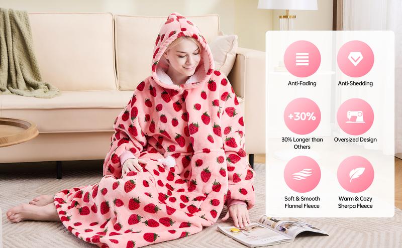 Wearable Blanket Hoodie Oversized Sherpa Fleece Hooded Sweatshirt Blanket with Sleeves,Cozy and Giant Blanket Hoodie Extra Long for Adults Women Winter Gift (Strawberry)