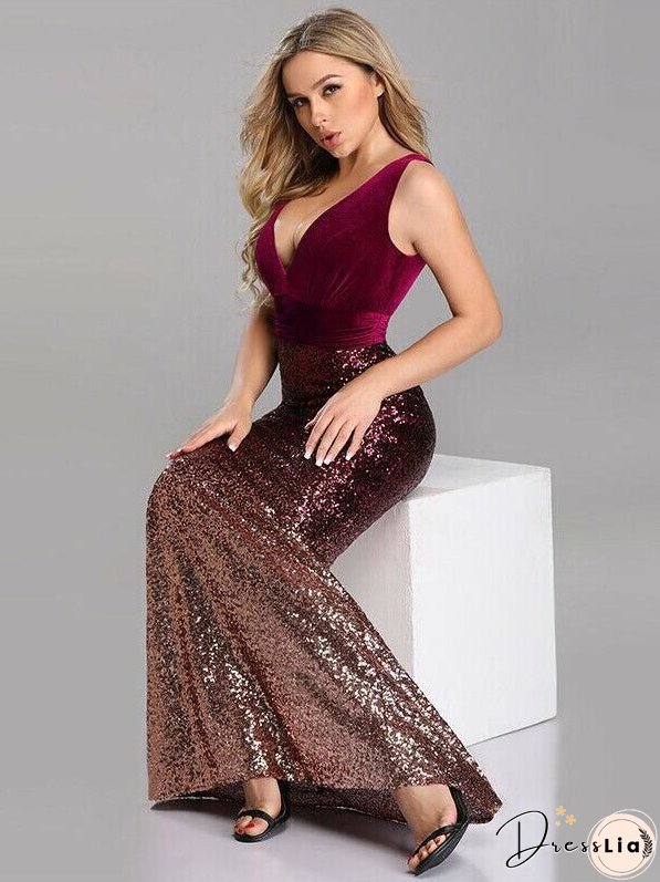 Glamour V-Neck Sequined Evening Dress