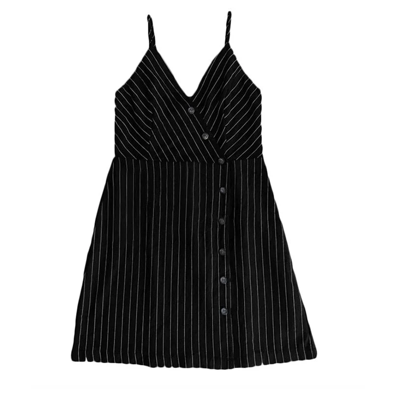 Backless Sleeveless Striped Cross Adjustable Spaghetti Strap V-Neck Button Casual Sexy Mini Dresses Summer Beach Holiday Dress